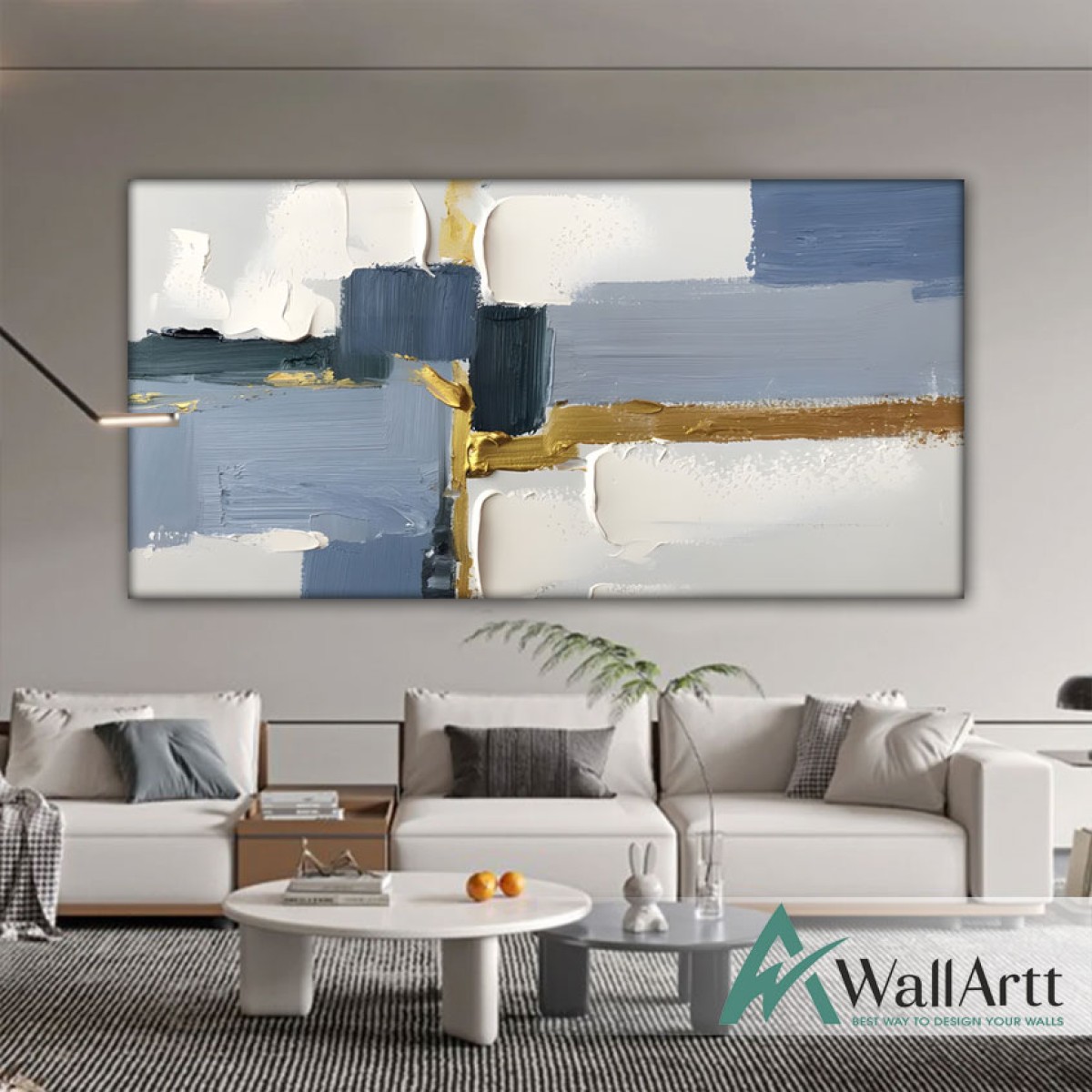 Gold blue Abstract 3d Heavy Textured Partial Oil Painting - Wall Art